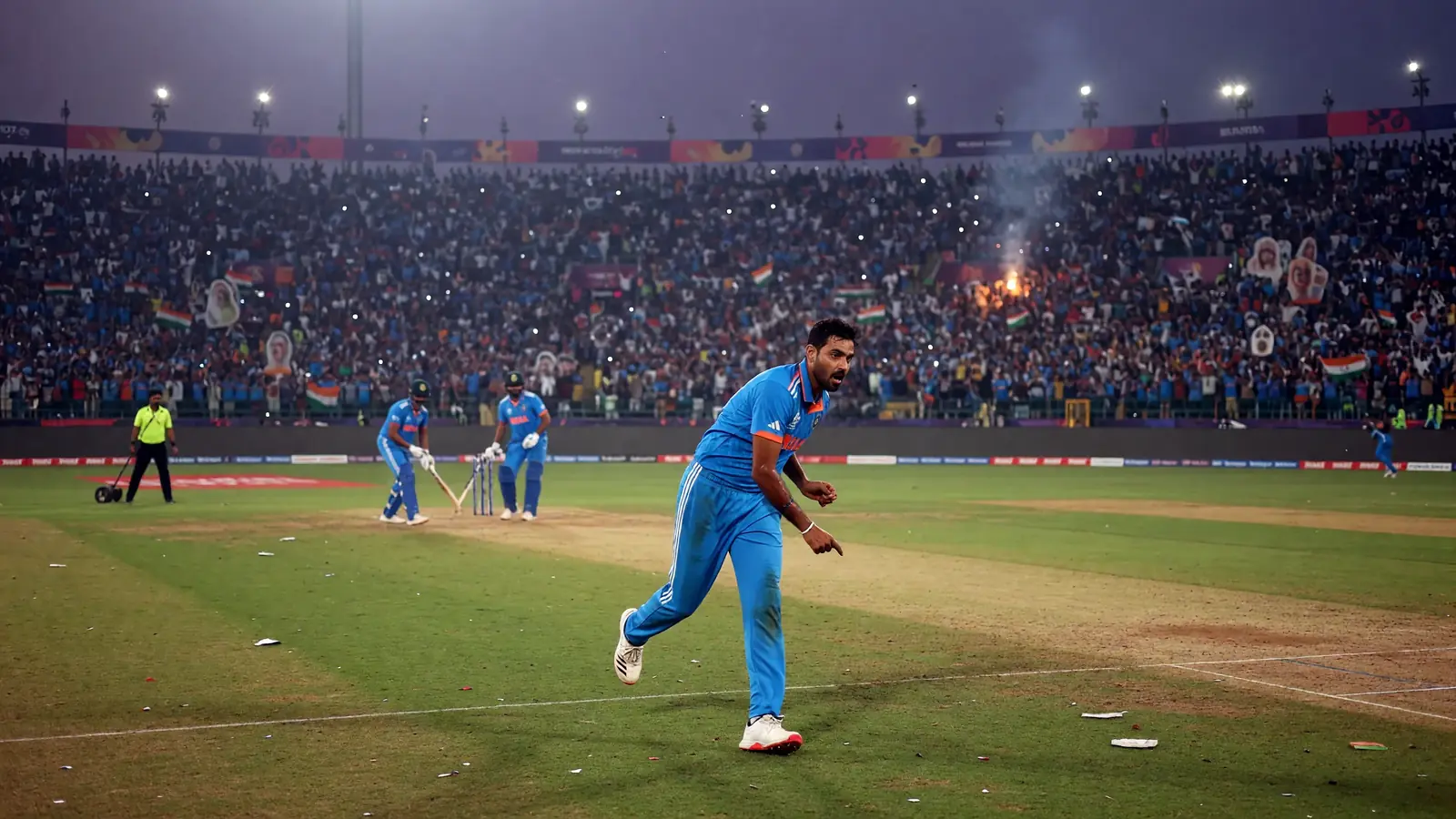 Wide evening view of a packed cricket stadium with floodlights over the outfield and a full crowd in the stands