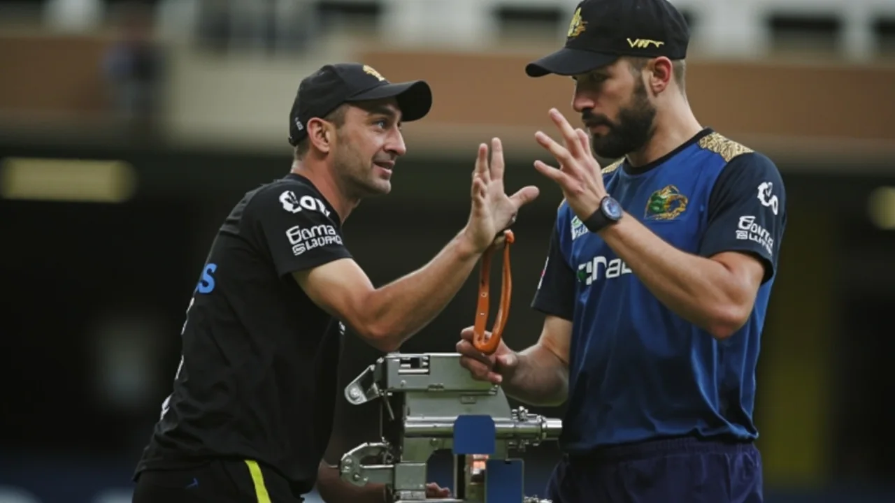 Cricket captain and bowler discussing a field setting under stadium lights