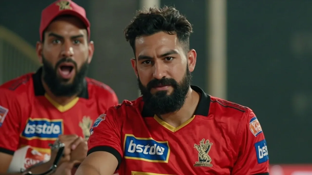 Medium shot of a captain and a bowler discussing field settings at the edge of the pitch during a T20 game, with fielders visible at their positions in the background